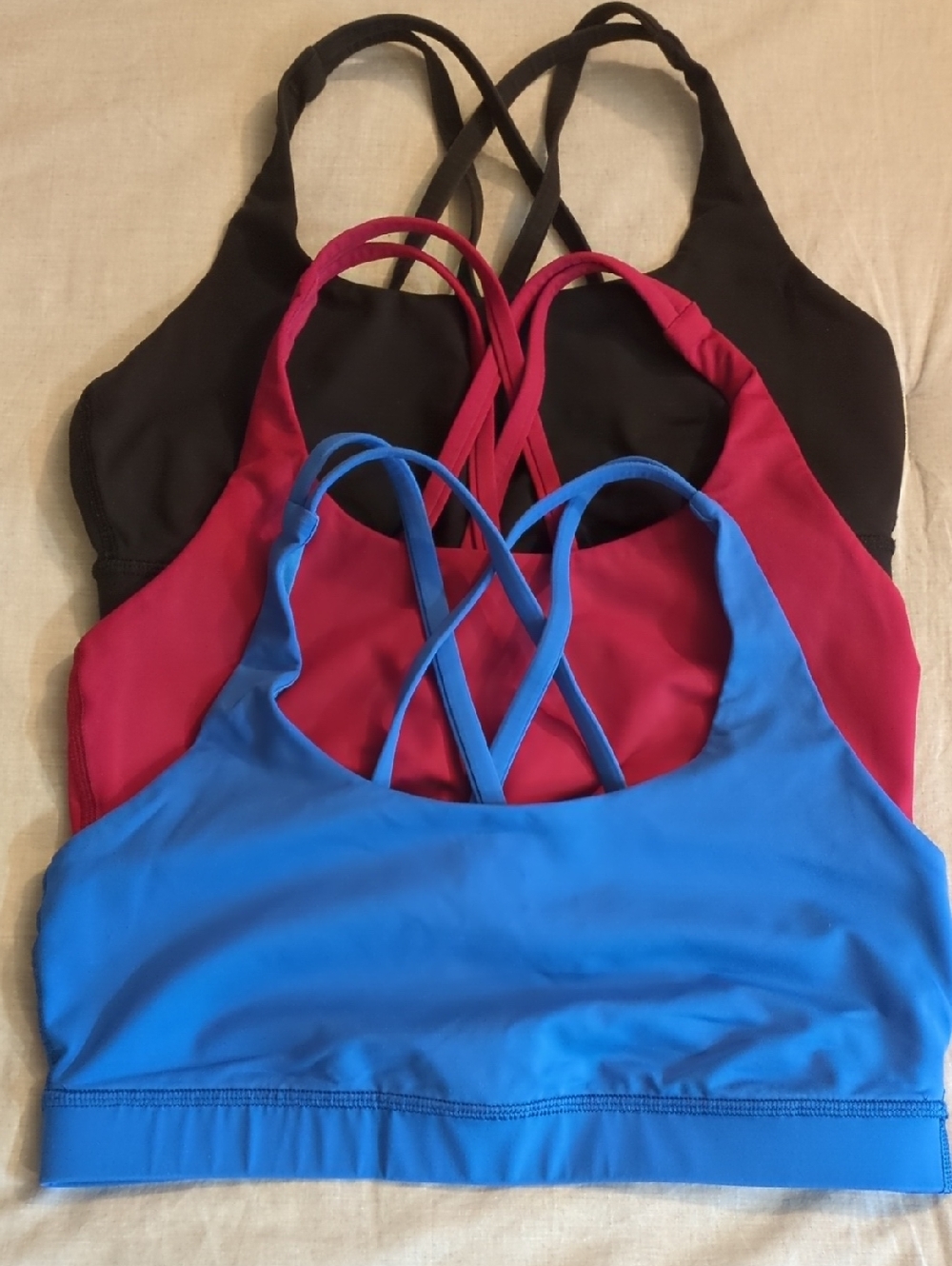 Lululemon Strappy Sports Bras in Blue, Red, and Black-no Pads